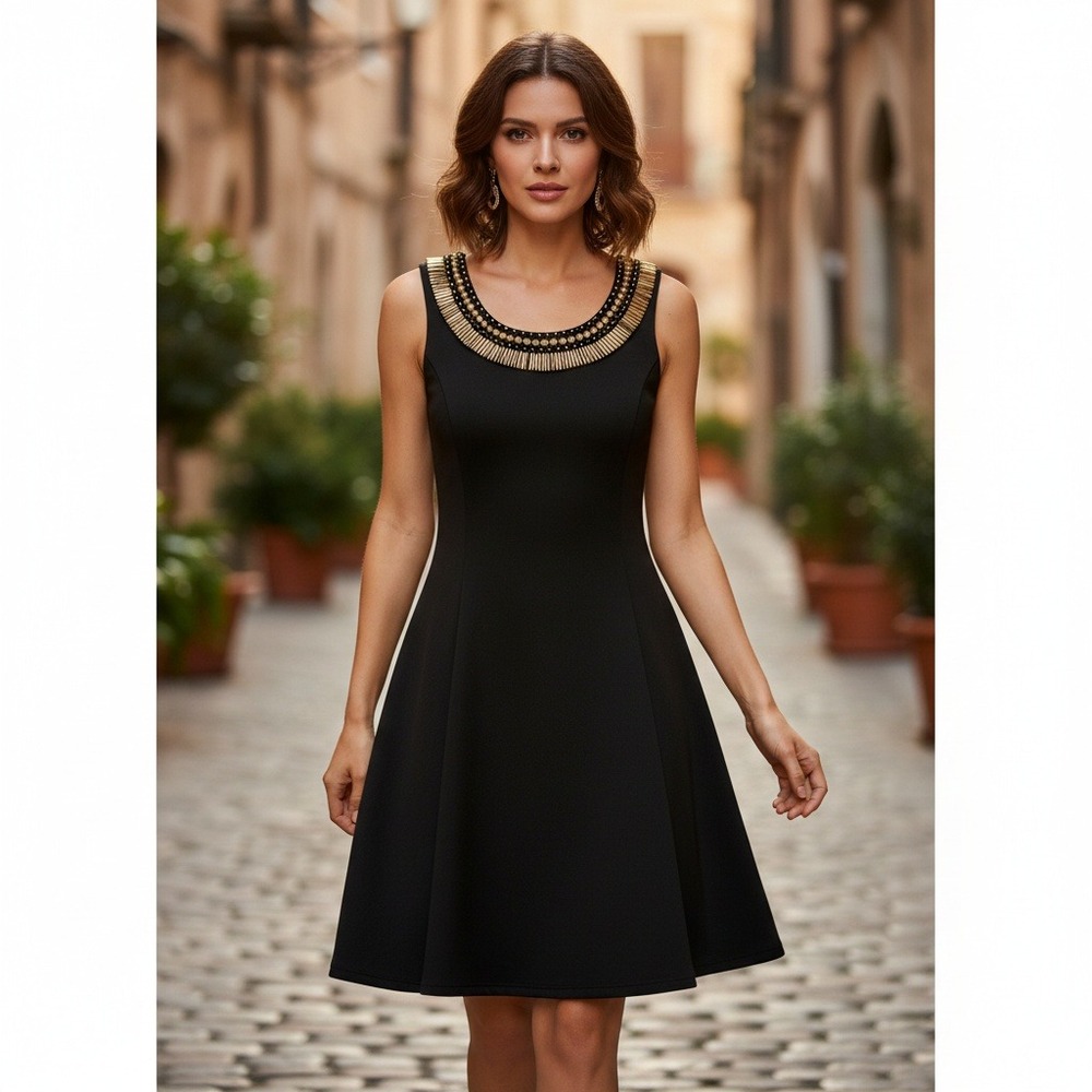 Item 21 – Golden Sun: Suzy Shier Tribal Gold Detailing Black A-Line Mini Dress